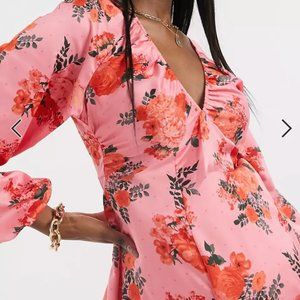 ASOS DESIGN satin midi dress with ruffle neck and balloon sleeves in bright pink